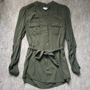 Anthropologie Olive Army Green Tie Waist Blouse